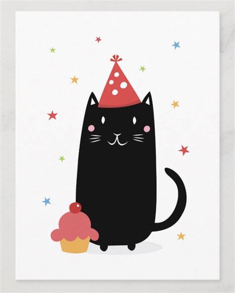 Happy Birthday Cat With Cupcake And Party Hat Invitation Postcard