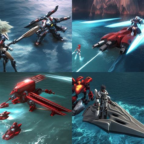 A Final Fantasy Character Fighting A Xenogears Robot In A Watercraft