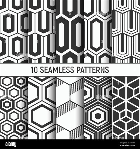 Set Of Ten Monochrome Hexagons Seamless Patterns Abstract Geometrical