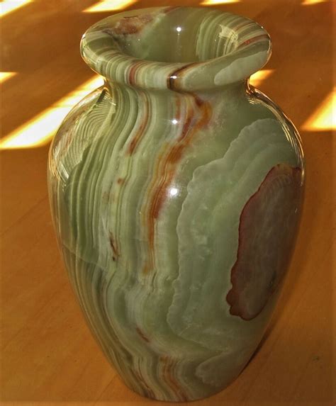 Vtg Natural Stone Onyx Vase Green Golden Brown White Marble Jar 6 Tall
