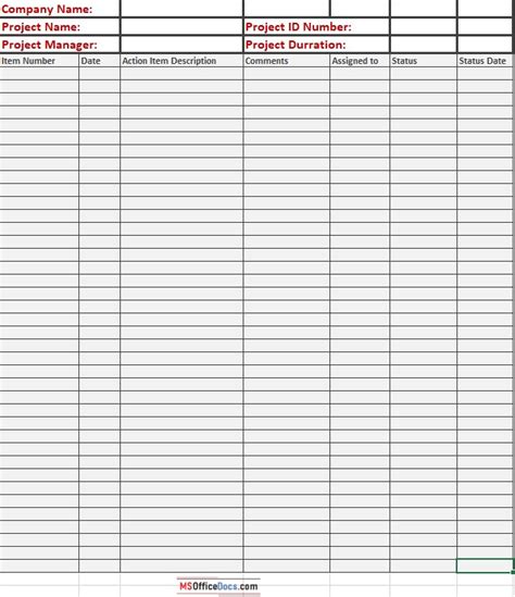 Free Rolling Action Item List Templates Ms Office Documents