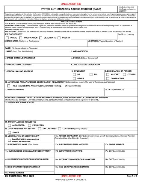 dd form 2875 download fillable pdf or fill online system authorization access request saar