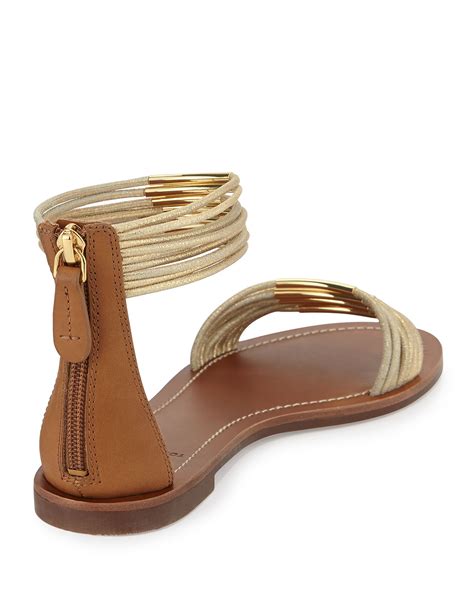 Tory Burch Mignon Rings Strappy Flat Ankle Wrap Sandal Gold