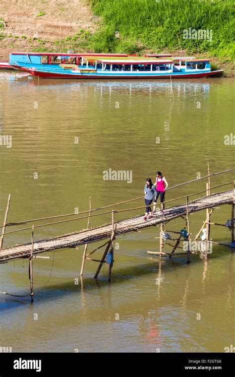 Bamboo Bridge Across Nam Khan River Luang Prabang Laos Stock Photo