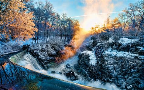 Download Wallpapers Winter Morning Sunrise Waterfall Forest River