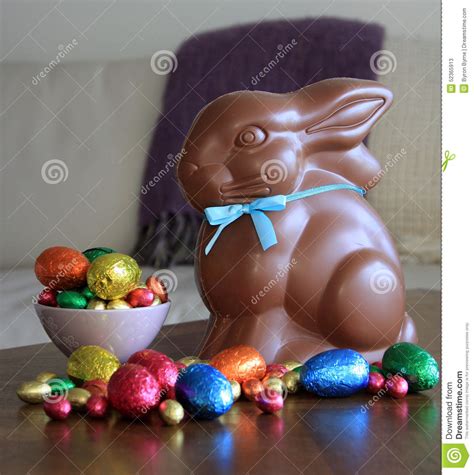 Chocolate Bunny With Easter Eggs On Table Stock Image Image Of