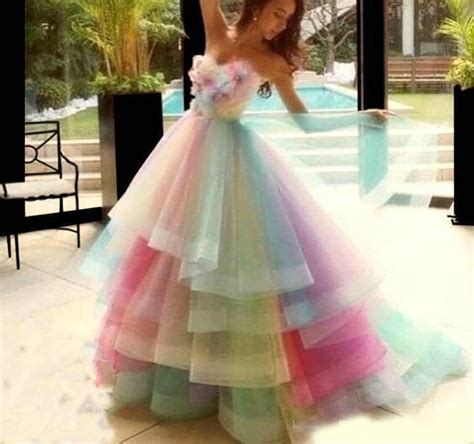 Rainbow Colorful Ball Gown Quinceanera Dress Strapless Layers Handmade