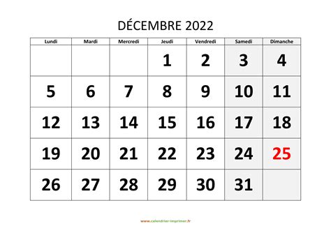 Calendrier Décembre 2022 à Imprimer