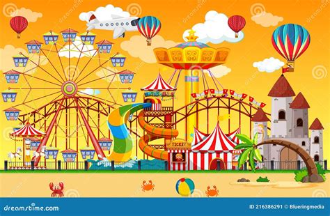 Amusement Park Scene At Daytime With Balloons In The Sky Stock Vector