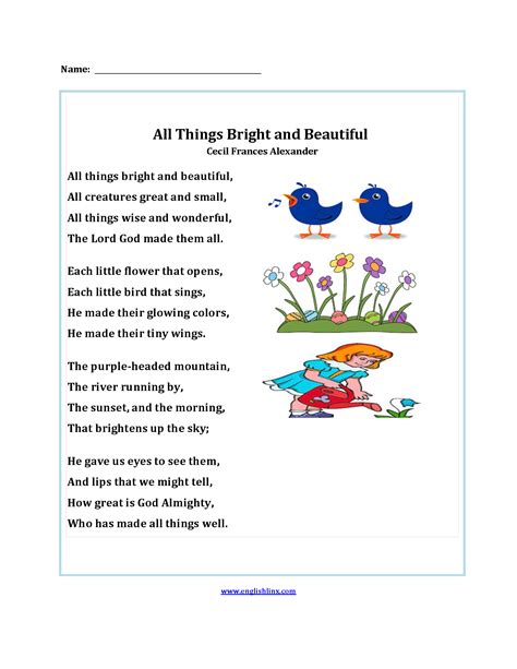 There are several english poems for kids, written to capture the imagination of young minds. All Things Bright and Beautiful Poetry Worksheets | Poetry ...