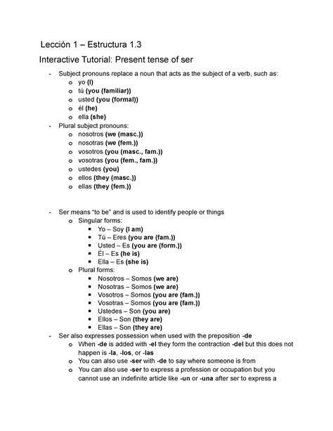 Lección 1 Estructura 13 Tutorial Notes On Present Tense Of Ser In