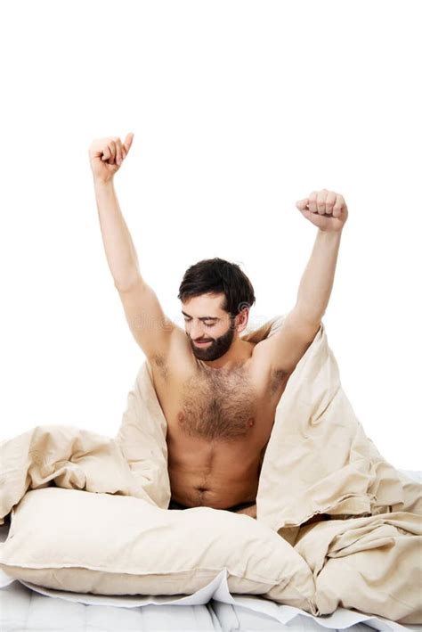 Man Waking Up In Bed And Stretching His Arms Stock Image Image Of