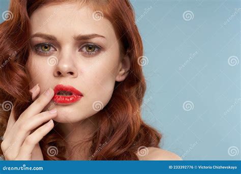 Attractive Red Haired Woman Red Lips Face Close Up Stock Photo Image