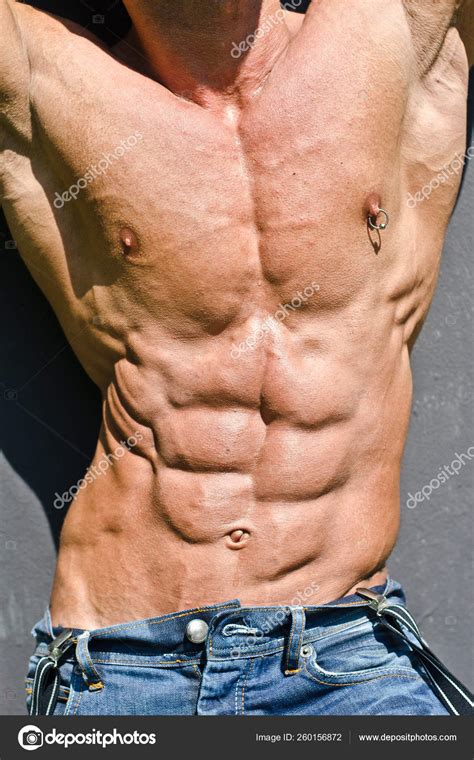 Bodybuilder Torso Arms Ripped Abs Pecs Nipple Piercing Wearing Jeans