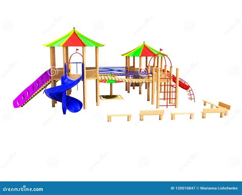 Modern Wooden Playground For Children With Hanging Ladders And Slides