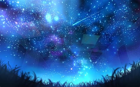 Hd Wallpaper Anime Original Comet Grass Light Night Stars