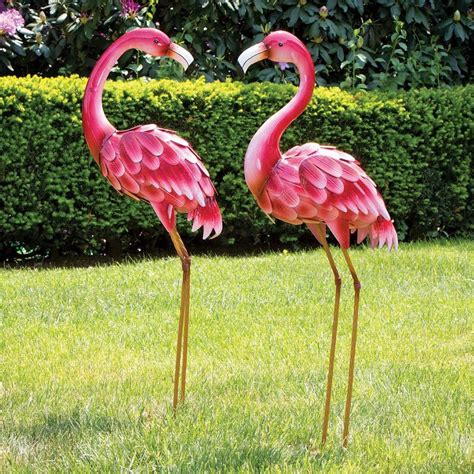 Flamingo Garden Sculpture 2 Pack Out Door Bird Metal Statue Patio Lawn