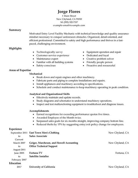Maintain different equipment in well condition such as nitrogen, vacuum and hydraulic lines and compressed air. Best Entry Level Mechanic Resume Example | LiveCareer