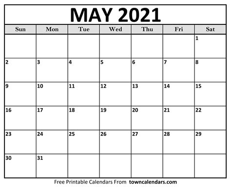 Make the yearly calendar smaller to make space for additional items. Printable May 2021 Calendar - towncalendars.com