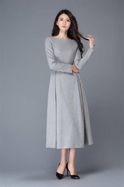 wool midi dress autumn winter wool dress gray wool dress boat neck wool dress wool dress