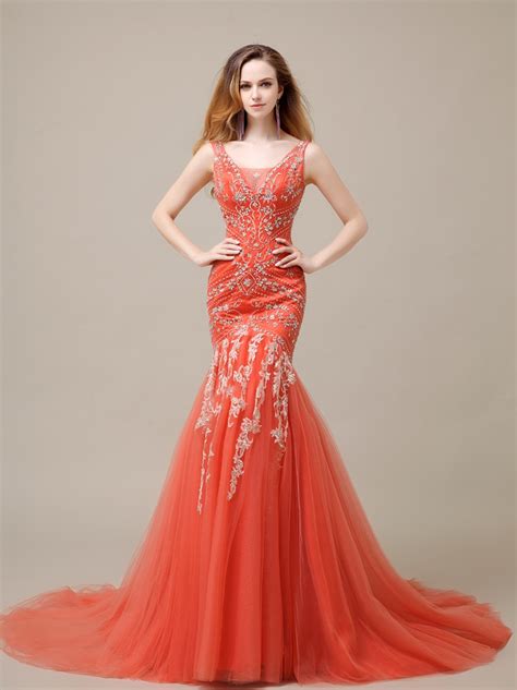 Long Mermaid Coral Tulle Gorgeous Beading Lace Up Prom Dress