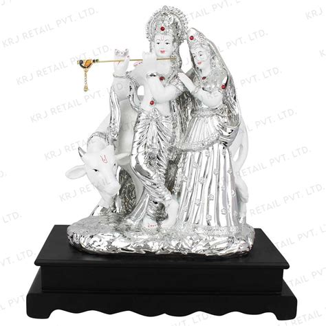 White Silver Plated Standing Radha Krishna With Cow Decor T Resin