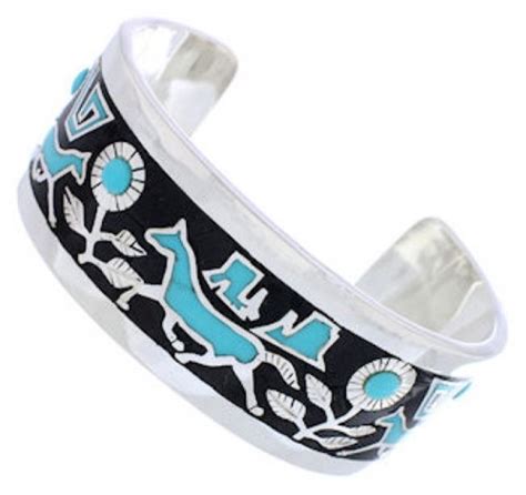 Turquoise Jet Inlay Horse And Flower Sterling Silver Bracelet Nx27072