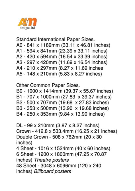 Standard International Paper Sizes Chart Printable Pdf Download