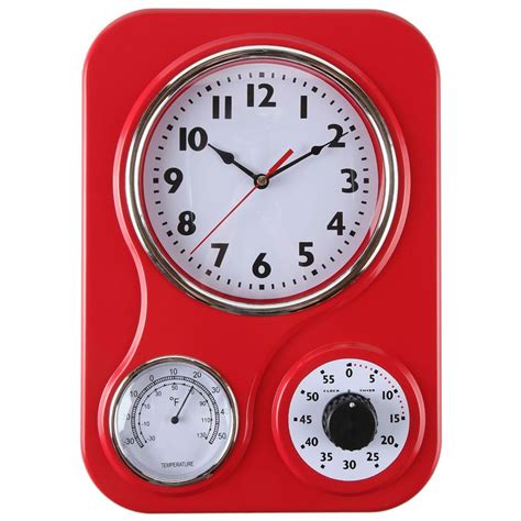 Lilys Home Retro Kitchen Wall Clock With A Thermometer And 60 Minute