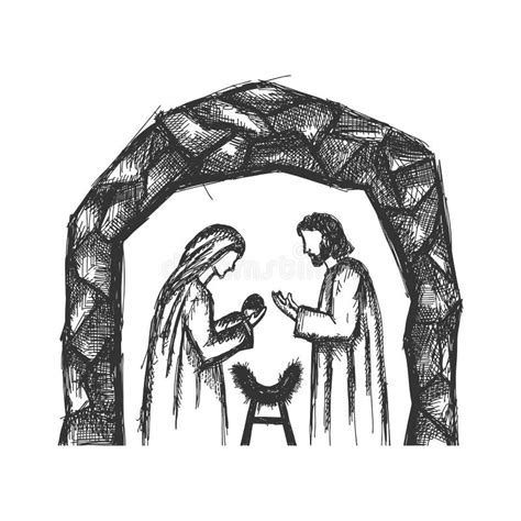 A Drawing Of A Nativity Scene Joseph And Mary With Little Jesus In A