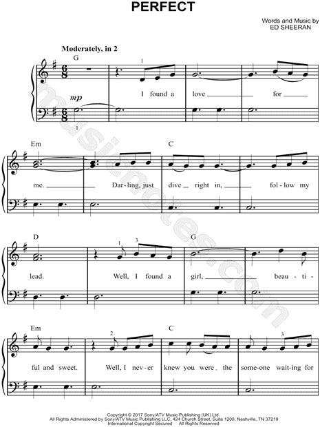 Ed Sheeran Perfect Sheet Music Notes Chords Download Printable Easy Piano Pdf Score Sku 183658