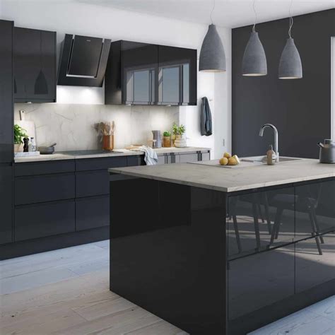 How To Decorate With Stylish Black Kitchen Cabinets In 2021 Modern Grey Kitchen Grey Gloss
