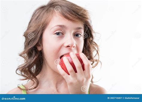 Biting Apple Girl Feels Fruit S Vitality Stock Image Image Of Feels Haired 283710407