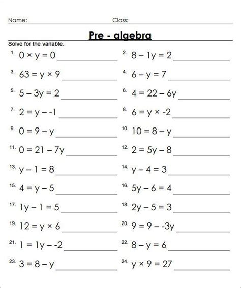 Pre Algebra Math Worksheets