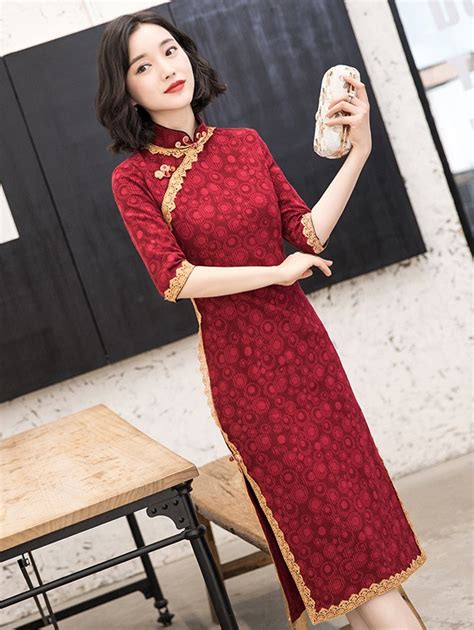 Red Lace Trim Half Sleeve Mid Cheongsam Qipao Dress Cozyladywear