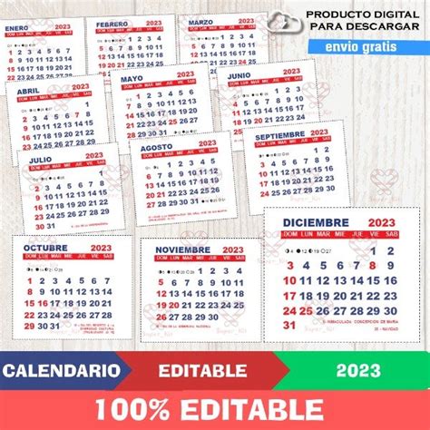 Kit Imprimible Calendario 2023 Mignon Almanaque Editable Super Kit
