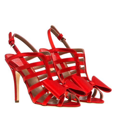 Red Silk Sandals With High Heels From Laurence Dacade With Front Bow Red High Heel Sandals