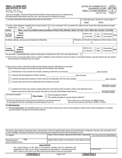 Form Jd Cv 40 Download Fillable Pdf Or Fill Online Small Claims Writ And Notice Of Suit