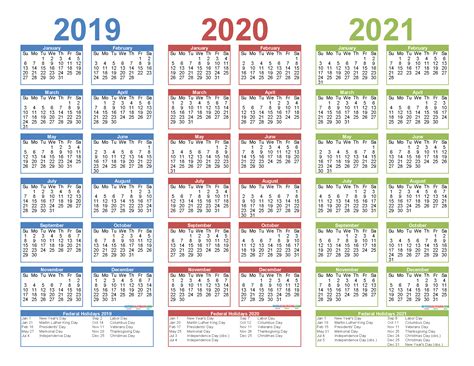 3 Year Calendar Printable 2019 2020 2021 Free Calendar Template