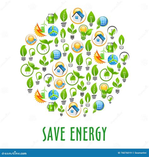 Energy Saving Round Symbol With Green Power Icons Stock Vector