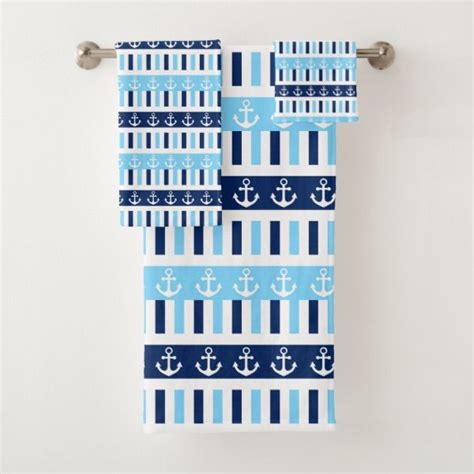 Blue And Navy Nautical Anchors And Stripes Bath Towel Set Nautical