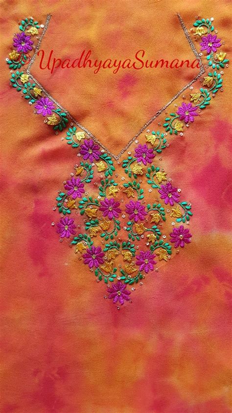 Hand Embroidery Herringbone Stitch Kurta Neck Pattern