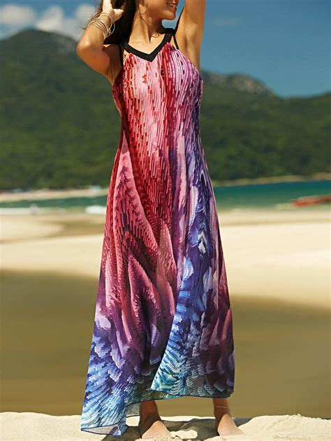 [28 Off] Maxi Backless Printed Summer Chiffon Casual Dress Rosegal