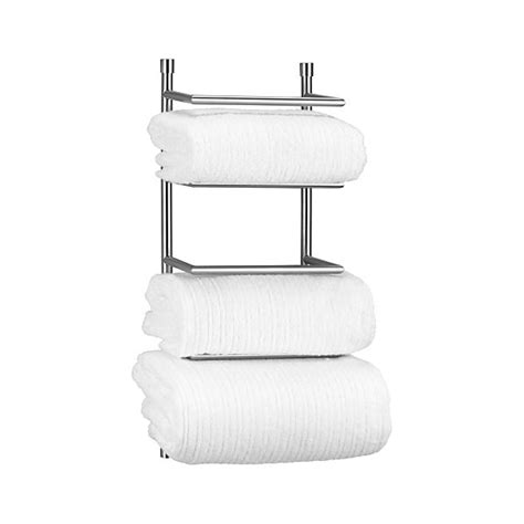 This towel holder has hooks that are used to hold towels and even bath robe. Brushed Steel Wall Mount Towel Rack | Crate and Barrel