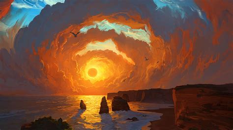 Download Wallpaper 1920x1080 Sea Sunset Art Rocks Sky