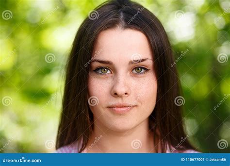 Young Beautiful Freckled Green Eyed Woman Face Portrait With Hea Stock