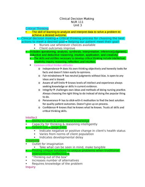 Clinical Decision Making Nursing Process Student Version Clinical