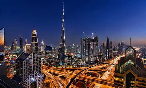Cities Dubai City Highway Light Night Skyscraper United Arab