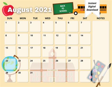 August Printable Calendar Back To School Calendar Instant Etsy