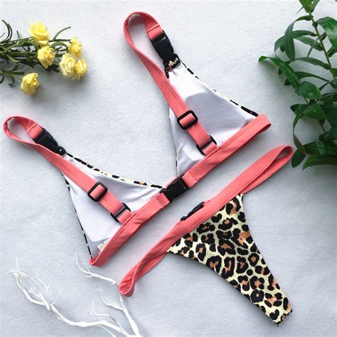 Contrast Leopard Buckle Triangle Thong Bikini Set Us 611 Lover